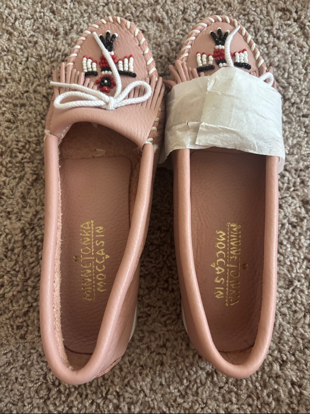 Minnetonka Pink Beaded Leather Moccasins